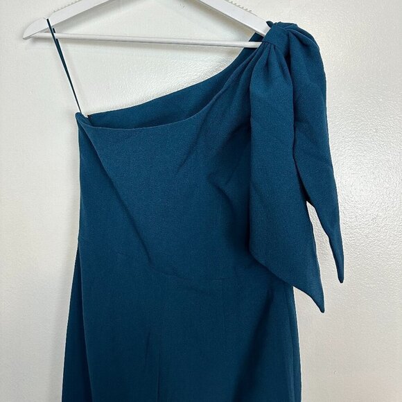 DRESS THE POPULATION Tiffany One-Shoulder Midi Dress in Peacock Blue Size Medium - Picture 10 of 12